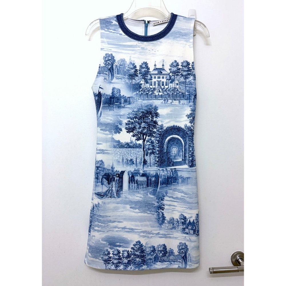 Alice + Olivia Wynell Chateau A Line Mini Dress Blue Toile De Jouy Floral 6 - Picture 2 of 16